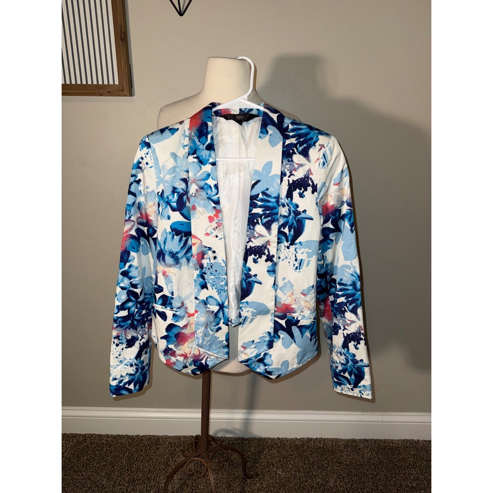 Mossimo Floral Print Open Front Blazer Jacket XS White Blue‎ Pink